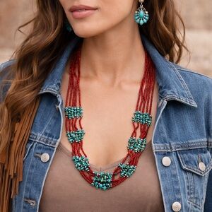 Native American Navajo Coral Bead Turquoise Necklace 6Strand Sterling Silver 27”